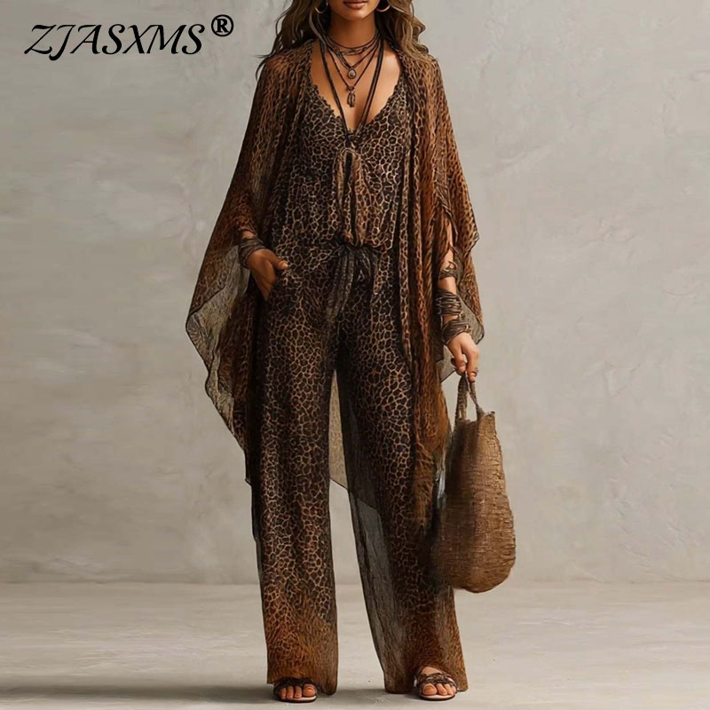 Women'S Fashion Kimono - Retro Leopard Print 3 Piece Sets