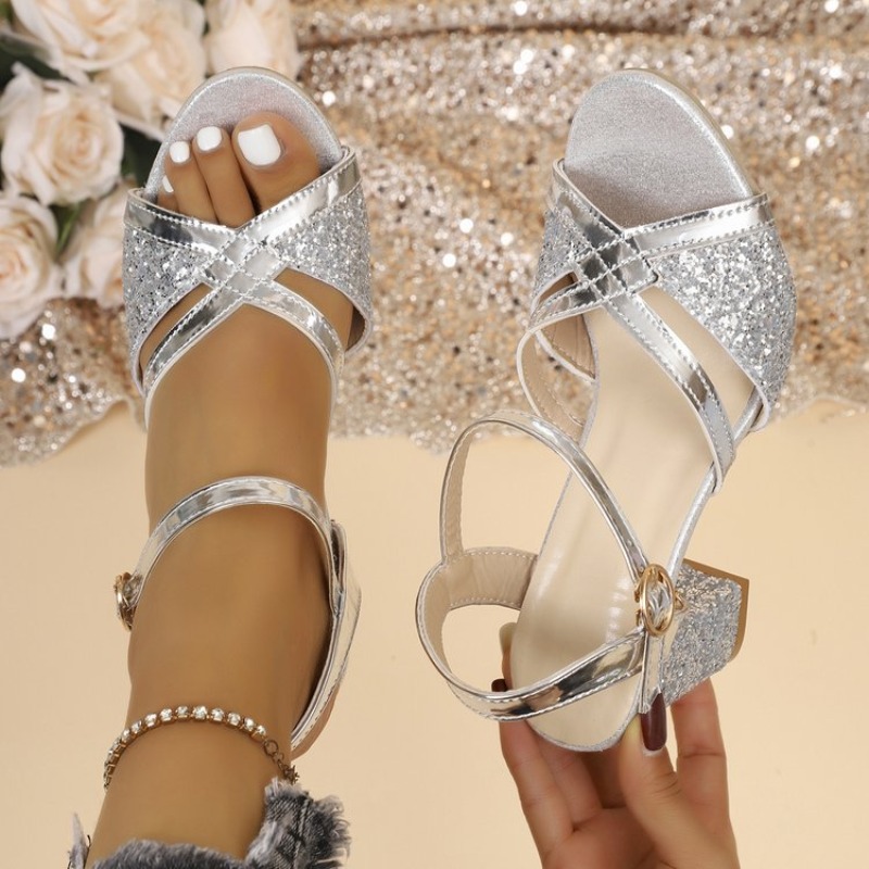 Women'S Fashion Line - Women Block Heels Sandals Gold Sparkly